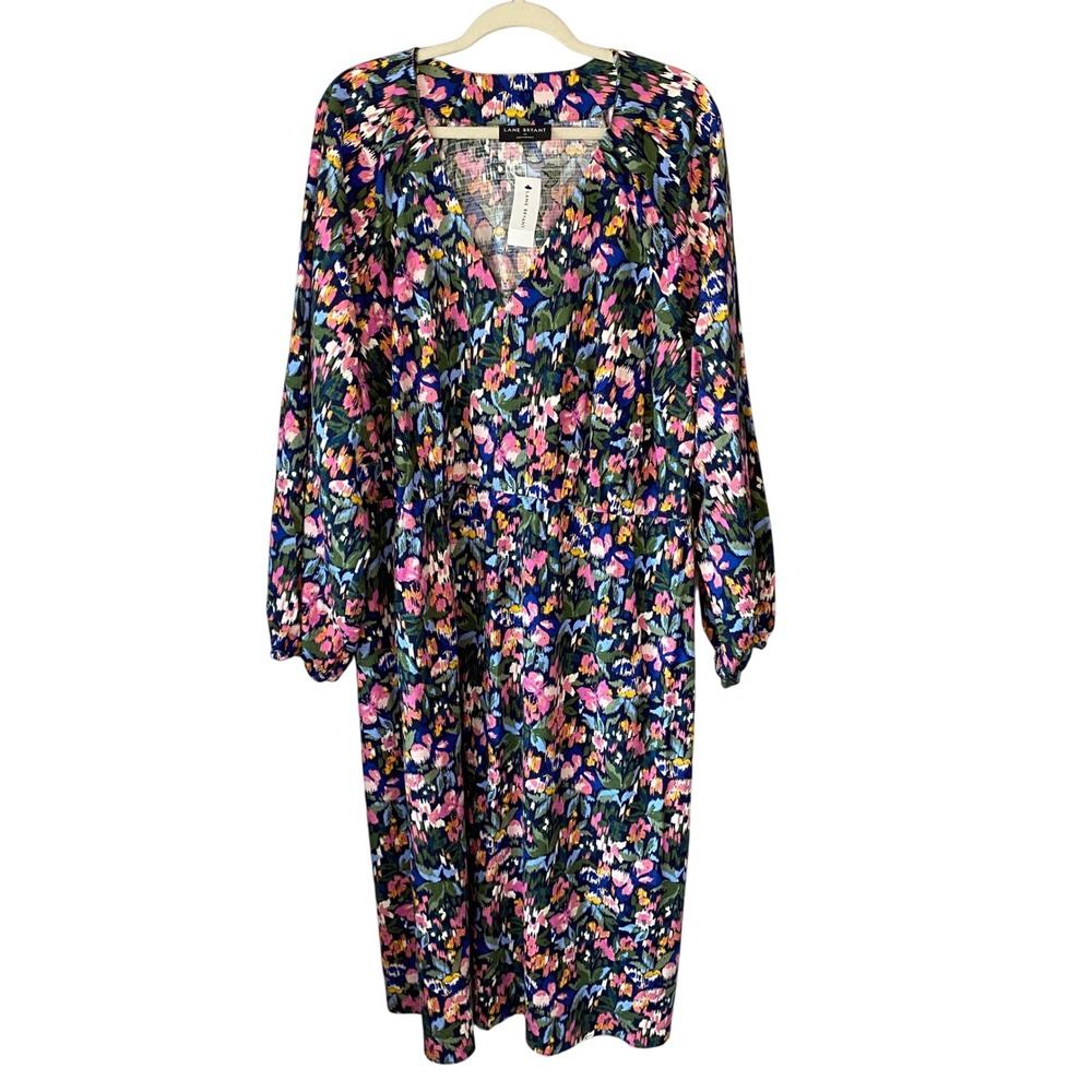 Lane Bryant Floral V-Neck Midi Dress Plus Size 22 Long Sleeve Elastic Waist NEW